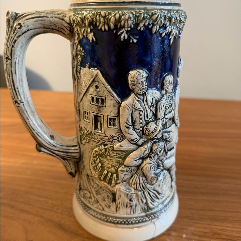 Hand-Painted Blue and Cream Ceramic Stein - Decorative Home Art